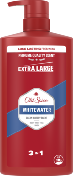 Old Spice Whitewater 3w1 żel pod prysznic, czerwona butelka z pompką, biało-niebieska etykieta, widok z przodu.