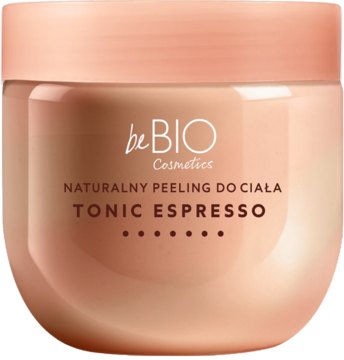 beBIO Naturalny peeling do ciała Tonic Espresso, w błyszczącym beżowo-brzoskwiniowym słoiku, widok z przodu.