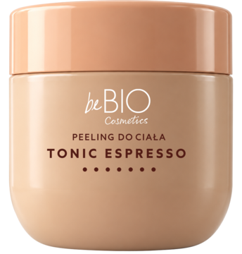 Peeling do ciała beBIO Tonic Espresso w beżowym słoiczku z jasnobrązowym wieczkiem, widok z przodu.