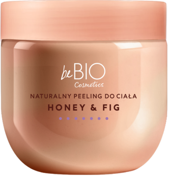beBIO Naturalny peeling do ciała Honey & Fig, brązowy, okrągły słoiczek z pomarańczową zakrętką, widok z przodu.