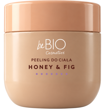Beżowy słoik beBIO Honey & Fig peeling do ciała z brzoskwiniową nakrętką, widok z przodu, na czarnym tle.