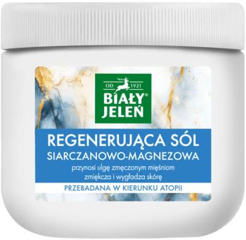 Biały Jeleń regenerująca sól siarczanowo-magnezowa do kąpieli, w białym słoiku, niebiesko-biała etykieta.