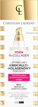 Christian Laurent Supreme PDRN 9xCOLLAGEN krem pod oczy w białej butelce ze złotym dozownikiem, widok z przodu.