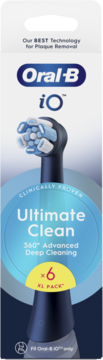 Oral-B iO Ultimate Clean, 6 wymiennych końcówek do szczoteczek. Białe opakowanie z niebieskim kółkiem, napis '360° Advanced Deep Cleaning'.