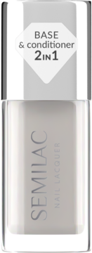 SEMILAC 2w1 baza i odżywka do paznokci. Przezroczysta butelka z mlecznym płynem, widok z przodu.