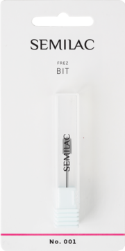Semilac frez bit do wygładzania, No. 001, w przezroczystej obudowie na białym kartonie, widok z przodu.