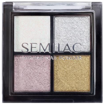 Paletka Semilac Mirror Nail Powder 01, cztery prasowane pyłki: srebrny, złoty, różowy i błękitno-zielony.