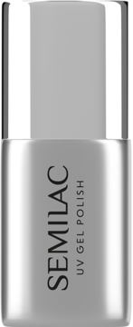 Semilac UV Gel Polish Milky Top Coat w srebrnej, prostokątnej butelce z metaliczną nakrętką, widok z przodu.