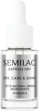 Semilac Express Dry, serum do paznokci z Vitaminą E, 99.7% naturalnych składników, butelka z pipetą.