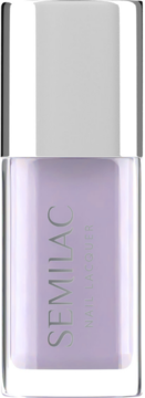 Semilac Nail Lacquer w pastelowym fioletowym odcieniu, szklana butelka z srebrną nakrętką, widok z przodu.