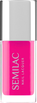Semilac Nail Lacquer Neon Pink, butelka z jaskrawym różowym lakierem i srebrną zakrętką, widok z przodu.