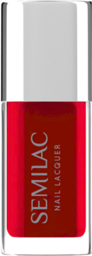 Semilac Nail Lacquer, neonowy czerwony lakier do paznokci w szklanej butelce z srebrną zakrętką, widok z przodu.