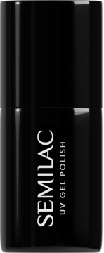Czarna, błyszcząca butelka Semilac UV Gel Polish, z pionowym białym napisem marki, widok z przodu.