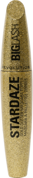 Złoty, brokatowy topper do rzęs Revolution Big Lash Stardaze, pionowa tuba z napisami, widok z przodu.