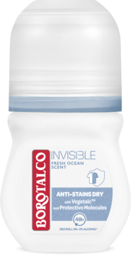 Borotalco Invisible Fresh Ocean Antyperspirant roll-on 48h, przeciw plamom, biała butelka, widok z przodu.