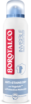 Antyperspirant Borotalco Invisible Fresh Ocean, biały spray przeciw plamom, 48h ochrony, z przodu.
