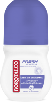 Antyperspirant w kulce Borotalco Fresh Non-Stop Aquatic Flowers. Biała butelka, fioletowa nakrętka, widok z przodu.