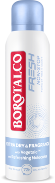 Borotalco Fresh Non-Stop antyperspirant w sprayu, biała puszka z błękitną zakrętką, widok z przodu, 72h ochrony.