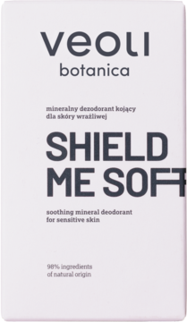 Veoli Botanica Shield Me Soft mineralny dezodorant kojący dla skóry wrażliwej, białe pudełko, front.