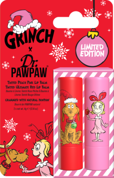 Grinch x Dr. PAWPAW Limited Edition tinted lip balm duo: Peach Pink & Ultimate Red. Festive red box with Max & Cindy. Front.