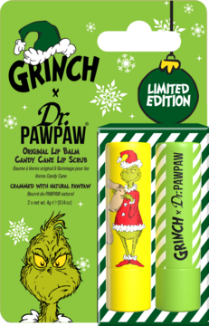 Grinch x Dr.PAWPAW zestaw: balsam Original i peeling Candy Cane w zielonym pudełku z Grinchem.