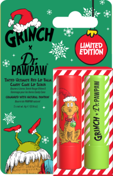 Grinch x Dr. PAWPAW zestaw limitowany: czerwony balsam z Grinchem, zielony peeling do ust, w pudełku.