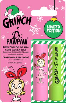 Grinch x Dr.PAWPAW zestaw: balsam Tinted Peach Pink i Candy Cane scrub do ust w świątecznym różowym opakowaniu.