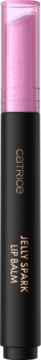 Balsam Catrice Jelly Spark Lip Balm 010, czarny sztyft, różowo-fioletowy produkt w transparentnej nakrętce, widok z przodu.