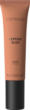 Catrice Peptide Bliss Glossy Lip Balm Toffee Touched, w beżowej tubce z czarną nakrętką, widok z przodu.