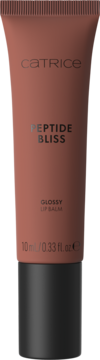 Matowa brzoskwiniowa tubka Catrice Peptide Bliss Glossy Lip Balm 050 Glazed & Gorgeous, z czarną nakrętką, widok z przodu.