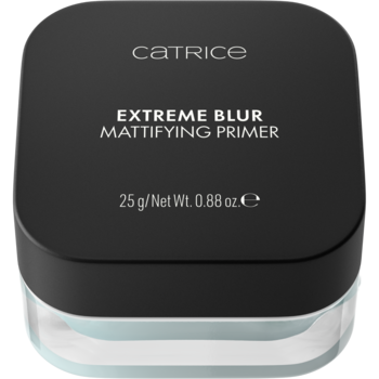 Catrice Extreme Blur Mattifying Primer, czarny słoiczek z transparentnym dnem, 25g, białe napisy, widok z góry.
