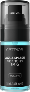 Catrice Aqua Splash Grip Fixing Spray, hydratujący, w czarno-niebieskiej butelce z napisem SHAKE WELL, widok z przodu.