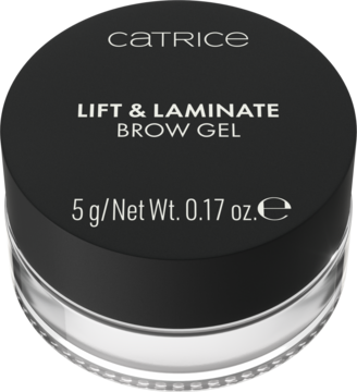 Catrice Lift & Laminate Brow Gel w okrągłym, przezroczystym słoiczku z czarną nakrętką, widok z góry.