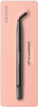 Catrice Lift & Laminate Brow Tool, czarne, dwustronne narzędzie do stylizacji brwi w jasnoróżowym blistrze, widok z przodu.