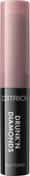 Błyszczyk Catrice Drunk'N Diamonds Jelly Topper, jasnoróżowa, brokatowa zakrętka na czarnej butelce, przód.