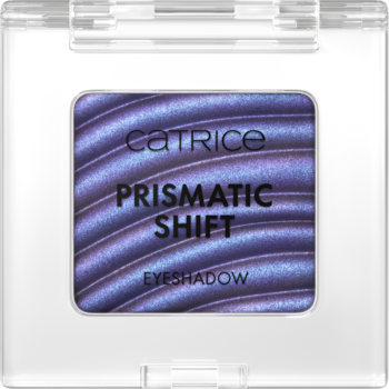 Kwadratowy cień Catrice Prismatic Shift w odcieniach fioletu z opalizującym wzorem, w przezroczystym opakowaniu.