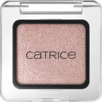 Pojedynczy cień Catrice Art Couleurs 470 Fairytale Dust, połyskujący, jasnoróżowy, w transparentnej kwadratowej kasetce.
