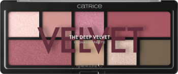 Paleta cieni Catrice The Deep Velvet z 8 matowymi i błyszczącymi cieniami w odcieniach różu, beżu i brązu, widok z góry.