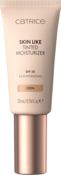 CATRICE SKIN LIKE Tinted Moisturizer 020N SPF 30 w beżowej tubce z rose gold pompka, ujęcie z przodu.
