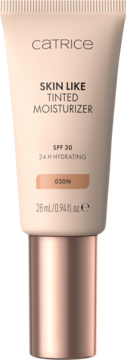 Beżowa tubka Catrice Skin Like Tinted Moisturizer SPF 30 z miedzianą zakrętką, na froncie widoczny odcień 030N.