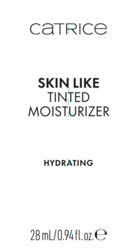 Czarna etykieta Catrice Skin Like Tinted Moisturizer z białym napisem i niebieskimi akcentami, objętość 28ml.