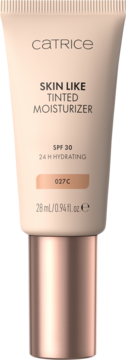 Catrice Skin Like Tinted Moisturizer SPF 30, beżowa tubka z różowo-złotą zakrętką, odcień 027C, widok z przodu.