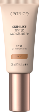 Catrice Skin Like Tinted Moisturizer SPF 30, beżowa tubka z miedzianym korkiem, odcień 042C, 28 ml, widok z przodu.