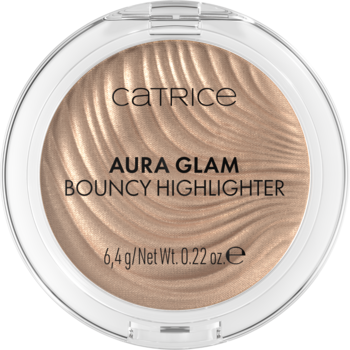 Otwarte, okrągłe opakowanie rozświetlacza Catrice Aura Glam, złoty szampan z falistym wzorem.