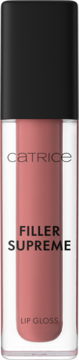 Błyszczyk Catrice Filler Supreme Lip Gloss 050 Nude, Not Rude w przezroczystej tubce, różowo-beżowy, czarna zakrętka.