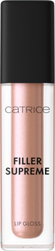 Catrice Filler Supreme Lip Gloss, połyskujący nude w przezroczystej tubce, z czarną nakrętką, widok z przodu.