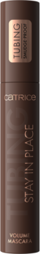 Brązowy tusz do rzęs Catrice Tubing Stay In Place Volume Mascara, cylindryczna tuba, widok z przodu.