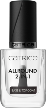 Catrice ALLROUND 2-IN-1 Base & Top Coat w przezroczystej butelce z czarną nakrętką, widok z przodu, z pędzelkiem w środku.