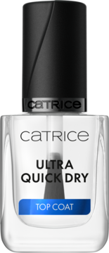 Catrice Ultra Quick Dry Top Coat: przezroczysty lakier w kwadratowej szklanej butelce, widok z przodu.