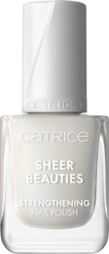 Catrice Sheer Beauties wzmacniający lakier do paznokci, mlecznobiały, w szklanej butelce, widok z przodu.